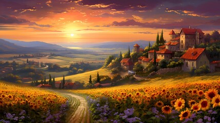 Panoramic view of Tuscany at sunset with sunflowers