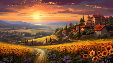 Foto auf Acrylglas Panoramic view of Tuscany at sunset with sunflowers © Iman