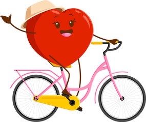 Cartoon heart character on bicycle. Isolated vector cheerful love personage with a smiling face and hat, pedals a vibrant bike, radiating joy and waving hand, hurrying for Valentines day celebration