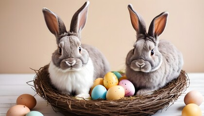 two bunnies sitting in a nest with easter eggs