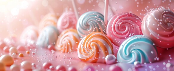 Pastel lollipop swirls adorned with sparkling sugar beads rest on a glistening, dewy backdrop, creating a whimsical candy dreamscape. - obrazy, fototapety, plakaty