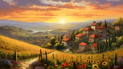 Fototapeten Landscape of Tuscany with sunflowers and houses at sunset © Iman