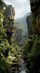 A dramatic canyon with towering rock formations