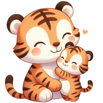 Tiger mom and baby love watercolor clipart.Ai Generate