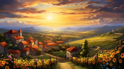 Panoramic view of Tuscany with sunflowers on sunset