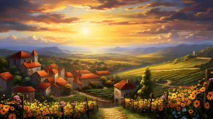 Poster Panoramic view of Tuscany with sunflowers on sunset © Iman