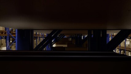 Retail store merchandise stacked on warehouse racks with invoice labels, depot managing logistics and packages in transit. Wholesale containers with air waybill tracking numbers. 3d render animation.