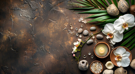 Obraz na płótnie Canvas Spa Treatment Ambience with Candlelit Stones and Leaves Amidst Rustic Shades and Smokey Hues