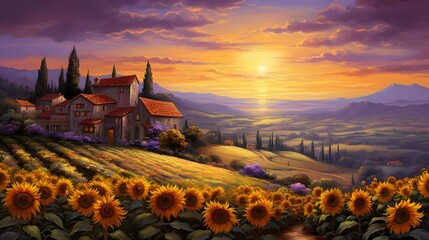 Sunflower field in Tuscany, Italy. Panoramic view.