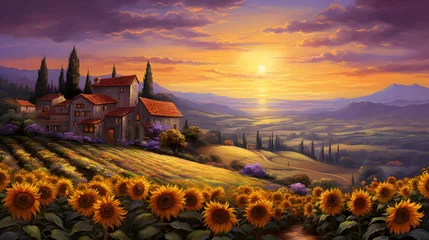 Foto auf Acrylglas Sunflower field in Tuscany, Italy. Panoramic view. © Iman