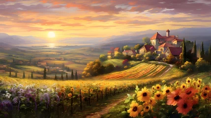 Sierkussen Panoramic view of Tuscany with sunflowers at sunset © Iman
