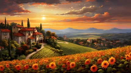 Tuinposter Panoramic view of Tuscany with sunflowers at sunset © Iman
