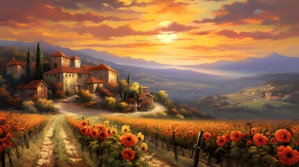 Panoramic landscape of Tuscany with sunflowers at sunset