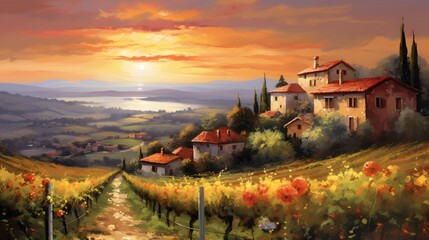 Landscape of Tuscany with vineyards at sunset, Italy