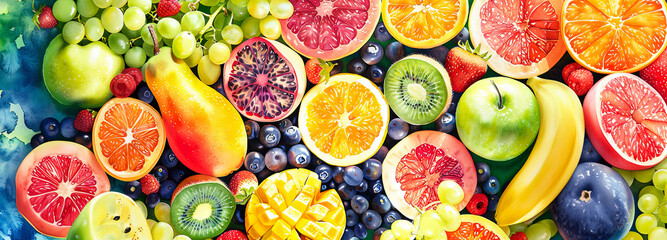 Fresh fruits . Top view. Summer watercolor illustratiion.
