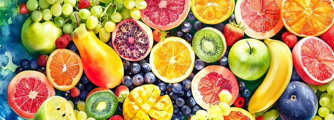 Fotobehang Fresh fruits . Top view. Summer watercolor illustratiion. © bit24