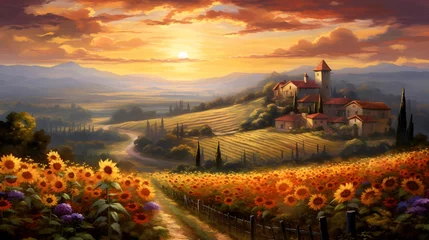 Wandaufkleber Panoramic view of Tuscany with sunflowers at sunset © Iman