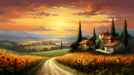Fototapete Sunflower field in Tuscany, Italy. Panoramic image © Iman