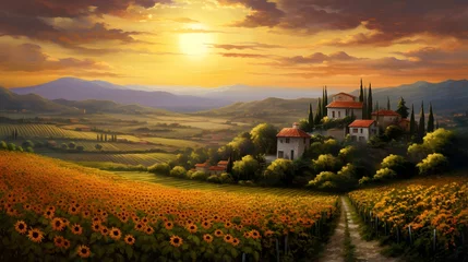 Papier Peint photo Toscane Sunflower field in Tuscany, Italy. Panoramic view.