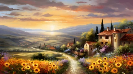 Schilderijen op glas Panoramic view of the Tuscan countryside with sunflowers © Iman
