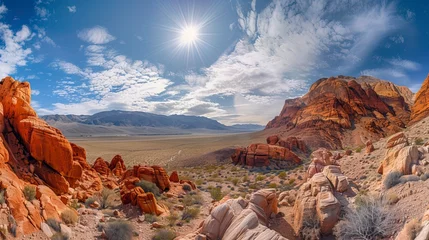 Fotobehang Panoramic landscape view of beautiful red rock canyon formations during a vibrant sunny day © CREATIVE STOCK
