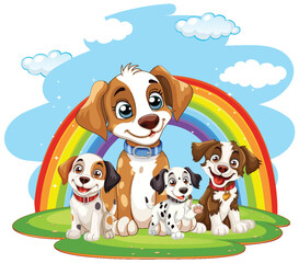 Four cartoon dogs smiling under a colorful rainbow