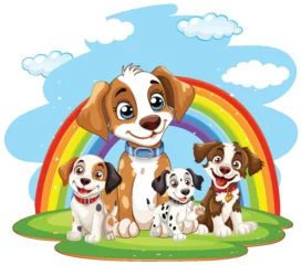 Acrylic prints Kids Four cartoon dogs smiling under a colorful rainbow