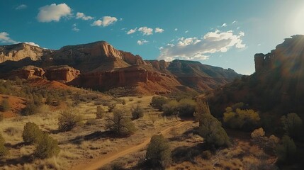 Naklejka premium Panoramic landscape view of beautiful red rock canyon formations during a vibrant sunny day