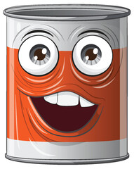 A cheerful animated paint can with a big smile