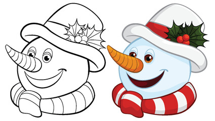 Two cheerful snowmen wearing holiday hats and scarves.