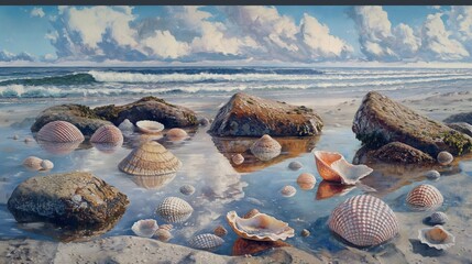 Coastal rocks adorned with seashells, reflecting the vibrant hues of the midday sky on a peaceful and serene beach.