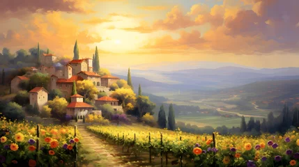 Fototapeten Panoramic view of Tuscany landscape with sunflowers © Iman