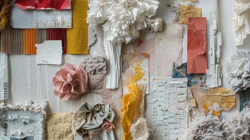 Aufkleber a closeup of a mixed media installation featuring various materials such as fabric paper and found o