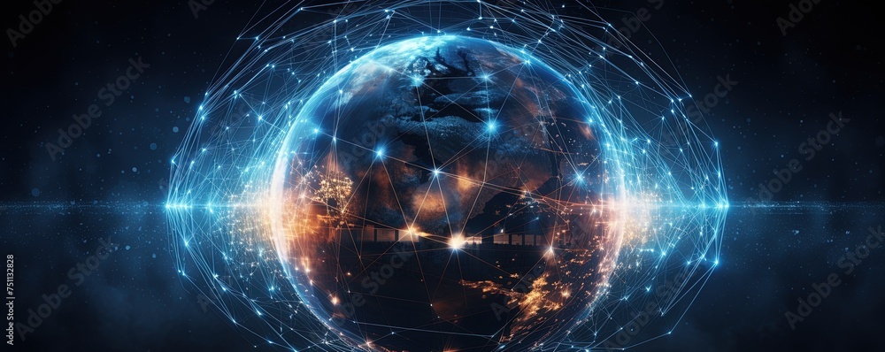 Poster a cybersecurity concept featuring a globe in the center surrounded by digital network lines, represe