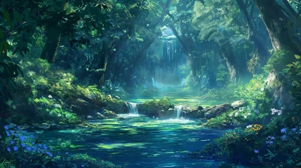 Foto op Canvas Crystal-clear stream flowing through a dense, enchanted forest. © Exotic Graphics