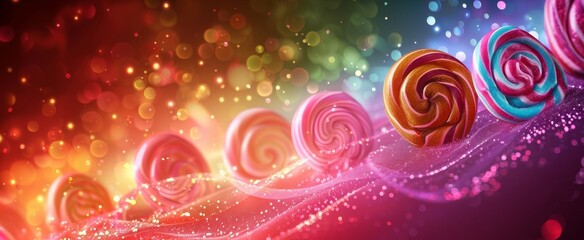 Magical swirl of candy lollipops on a sparkling rainbow gradient with bokeh lights.