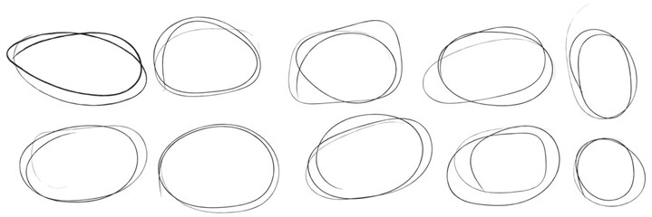 Hand drawn doodle grunge circle highlights. Charcoal pen round ovals. Marker scratch scribble in rounder. Round scrawl frames. Vector illustration of freehand painted circular note. Vector file.