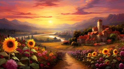 Outdoor-Kissen Sunflowers field at sunset, panoramic view of beautiful landscape © Iman