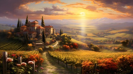 Panoramic view of Tuscany with vineyard and sunset - obrazy, fototapety, plakaty