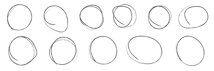 Hand drawn doodle grunge circle highlights. Charcoal pen round ovals. Marker scratch scribble in rounder. Round scrawl frames. Vector illustration of freehand painted circular note. Vector file.