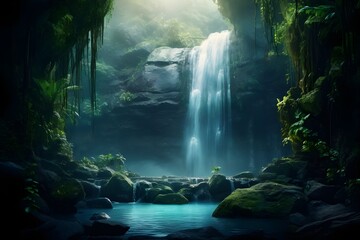 Ethereal Waterfall in the Rainforest: A magical waterfall surrounded by lush greenery in a tropical rainforest, creating a sense of wonder and tranquility.

