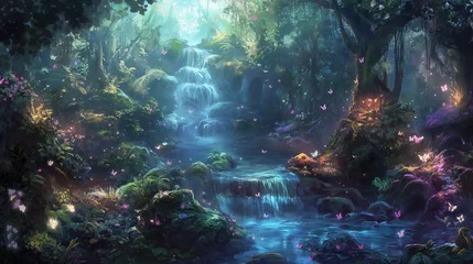 Fototapeten Crystal-clear stream flowing through a dense, enchanted forest. © Exotic Graphics
