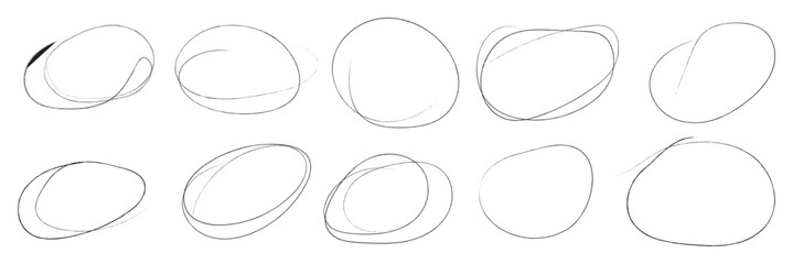 Hand drawn doodle grunge circle highlights. Charcoal pen round ovals. Marker scratch scribble in rounder. Round scrawl frames. Vector illustration of freehand painted circular note. Vector file.