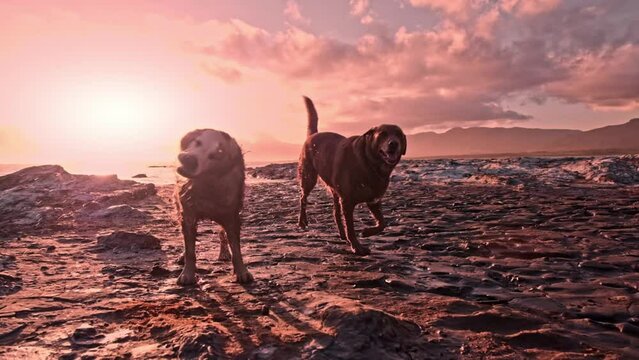 A golden retriever and a brown Labrador come running out of a lagoon at sunset and shake after a swim