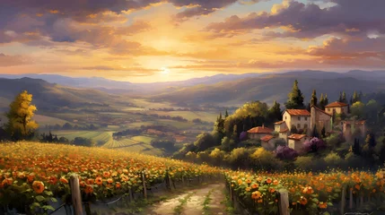 Schilderijen op glas Panoramic view of Tuscan countryside at sunset with sunflowers © Iman