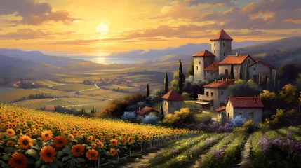 Schilderijen op glas Sunflower field in Tuscany, Italy, panoramic view © Iman
