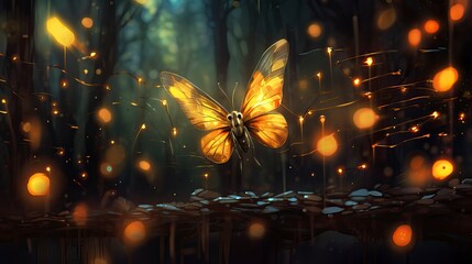 Obraz premium Abstract and magical image of Firefly flying in the night forest