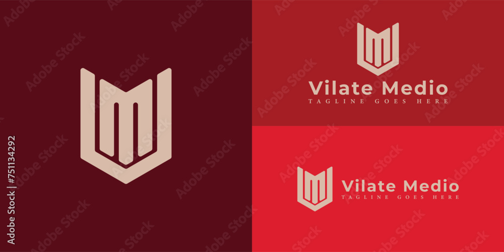 Poster abstract initial letter vm or mv logo in gold color isolated in multiple red backgrounds applied for