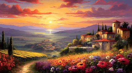 Gartenposter Panoramic view of Tuscany with sunflowers at sunset © Iman
