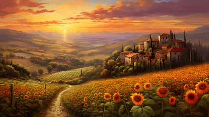 Panoramic view of Tuscany with sunflowers at sunset © Iman